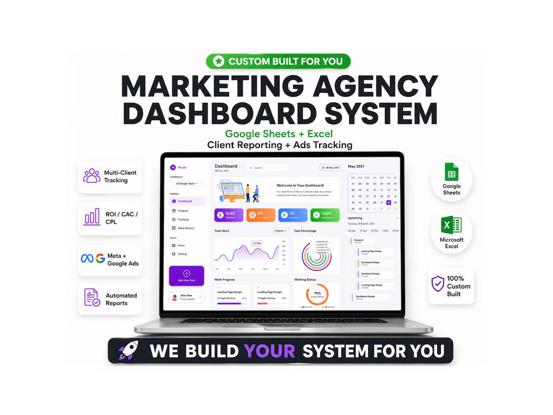 Custom Spreadsheet Service | Marketing Dashboard Google Sheets | Agency Client Tracker | Ads KPI Reporting System Excel, Automation Template